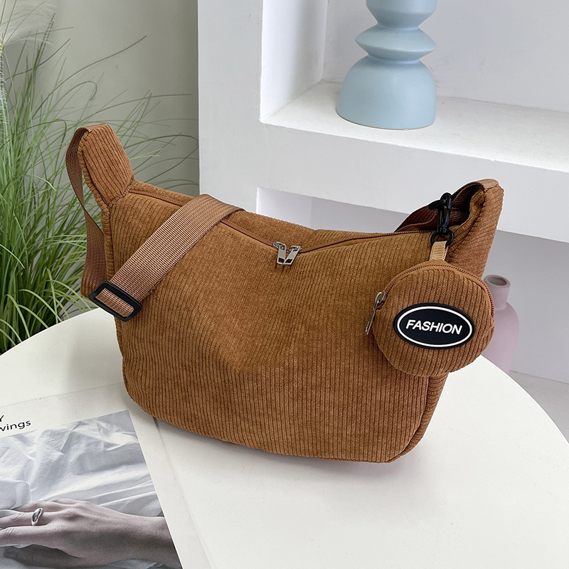 Brown Minimalist Corduroy Crossbody Bag – Large Capacity Single Shoulder &