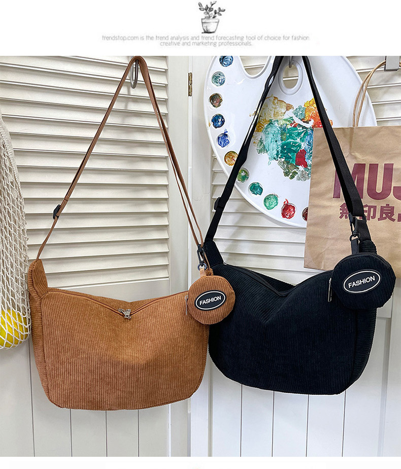 Brown Minimalist Corduroy Crossbody Bag – Large Capacity Single Shoulder & view 3