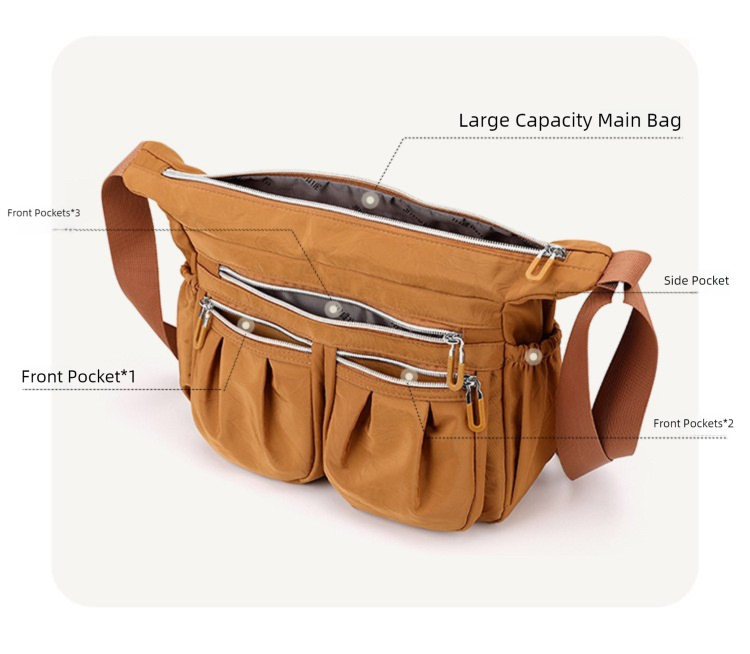 Brown Multi-Pocket Lightweight Nylon Crossbody Bag – Stylish view 3