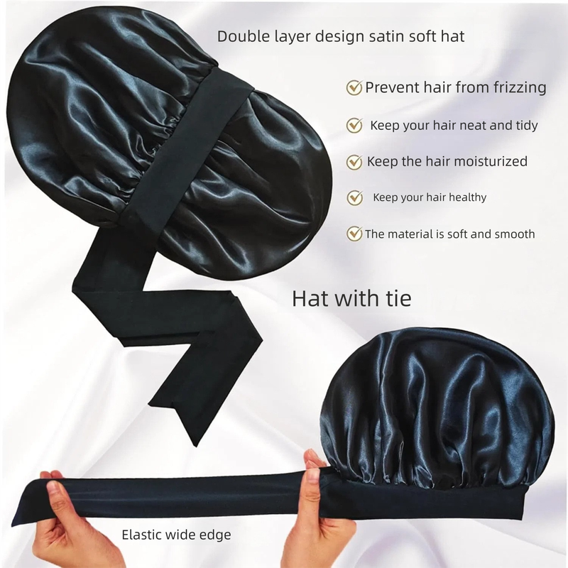 2 Pcs Black Double-Layer Satin Hair Cap with Ribbon Bow – Premium Silk-Like view 3