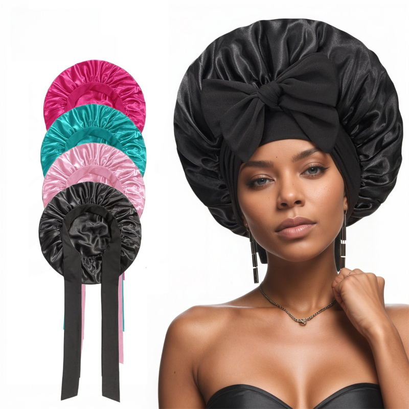 2 Pcs Lake Blue Double-Layer Satin Hair Cap with Ribbon Bow – Premium view 2