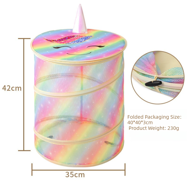 2 Pcs Cute Unicorn Design Foldable Mesh Storage Basket – Rainbow-Colored Toy view 3