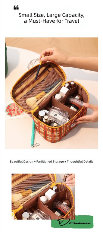 Orange plaid Portable Makeup Bag – Large Capacity view 4