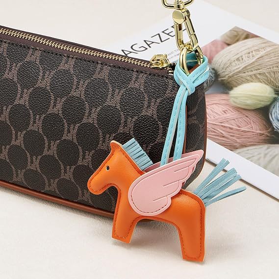 Black and White PU Leather Pegasus Keychain – Cute Flying Horse Pendant with view 4