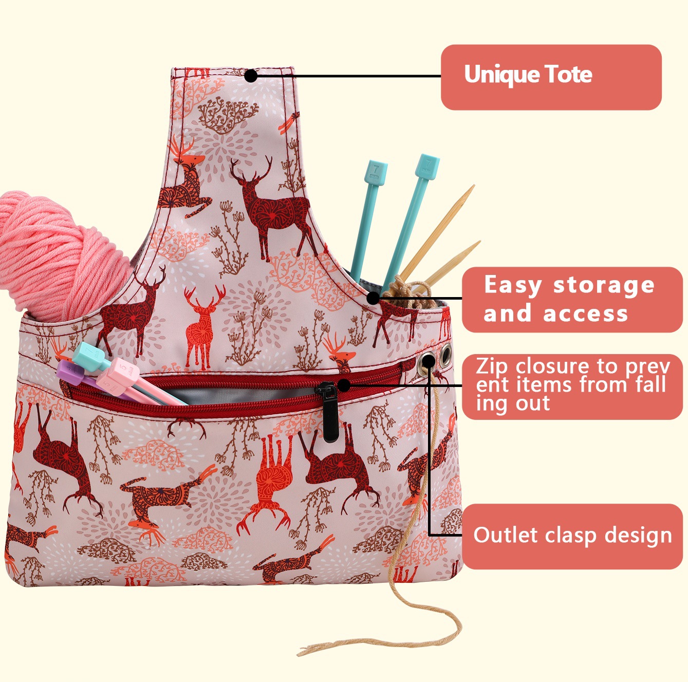 Pink Knitting Storage Tote Bag – Deer Pattern Craft Organizer with Zippered view 3
