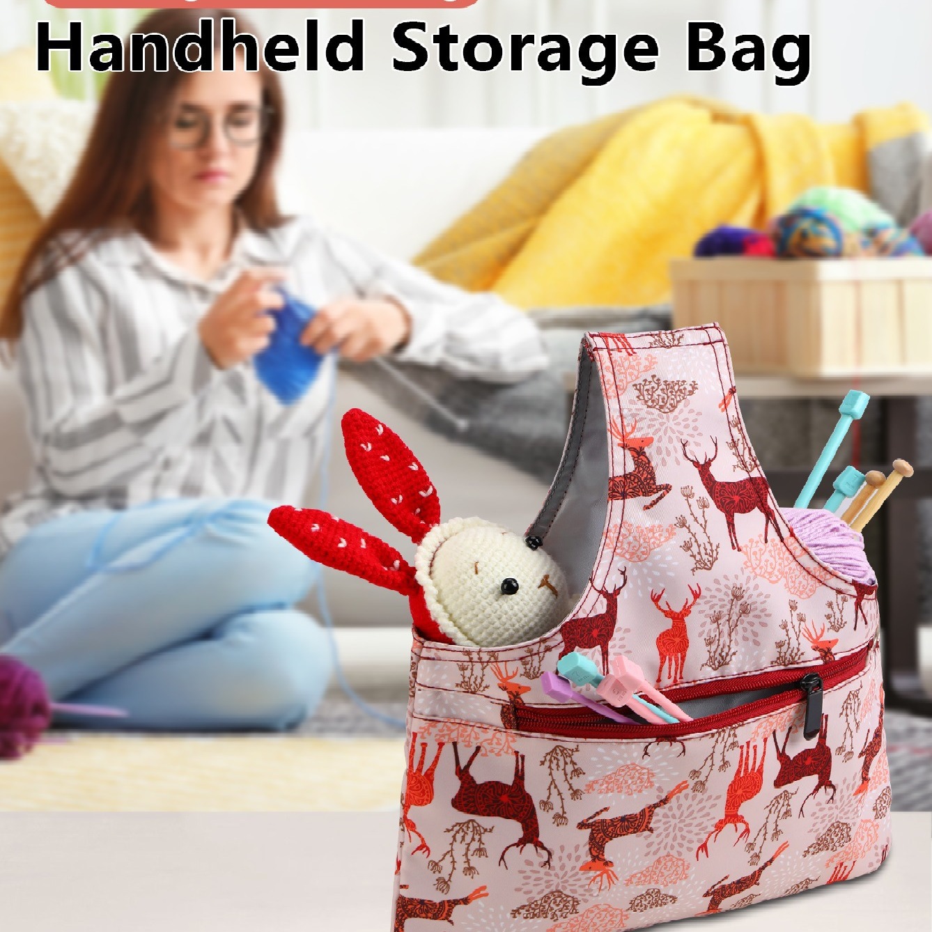Colourful Knitting Storage Tote Bag – Colorful Geometric Triangles Craft view 2