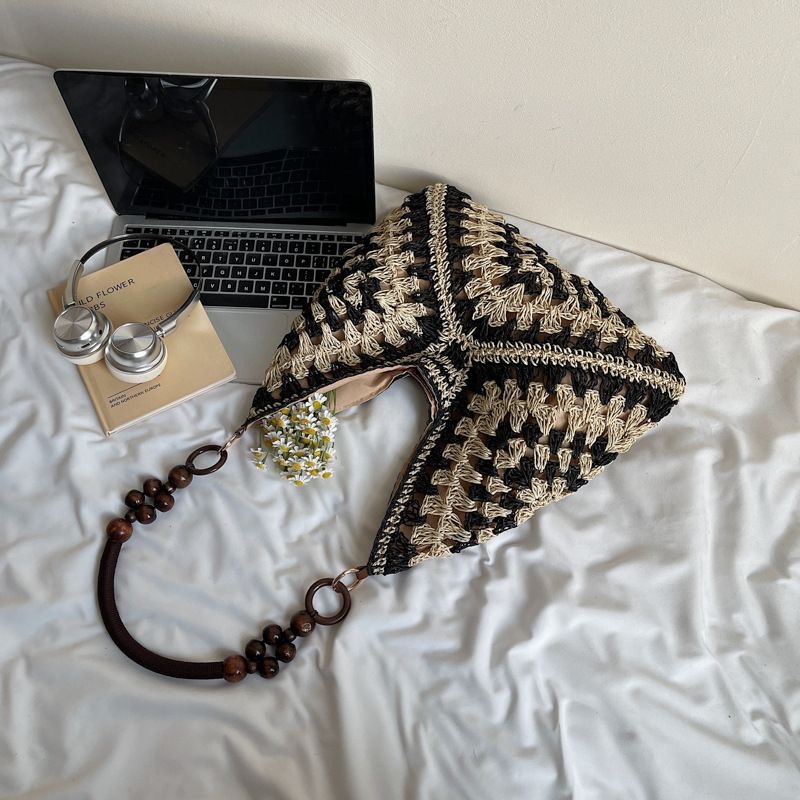 Beige and Black Stylish Hand-Woven Paper Rope Bag – Boho Crochet Tote for