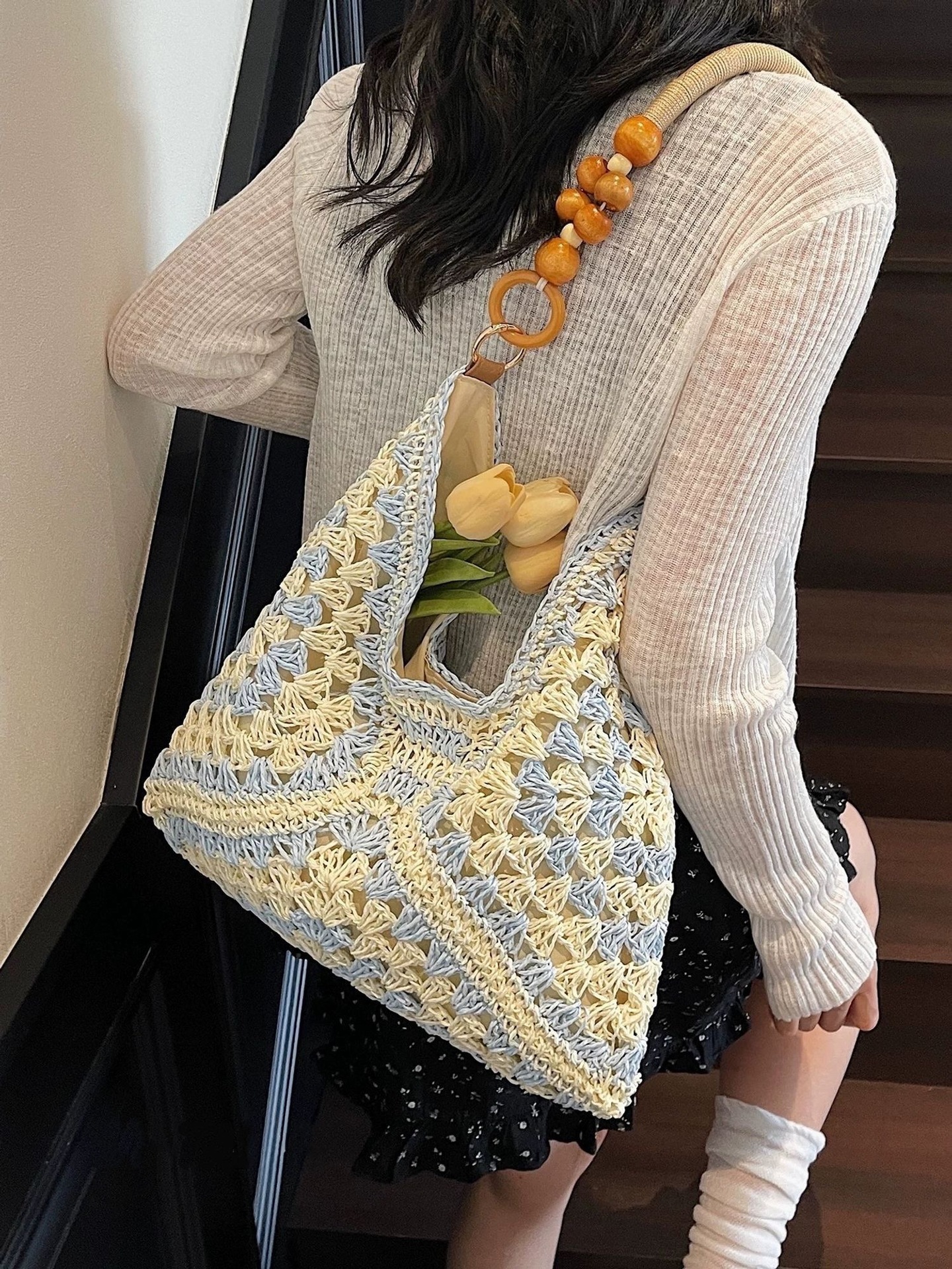 Beige and Blue Stylish Hand-Woven Paper Rope Bag – Boho Crochet Tote for