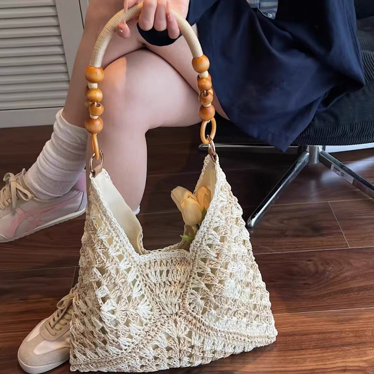 White and Beige Stylish Hand-Woven Paper Rope Bag – Boho Crochet Tote for