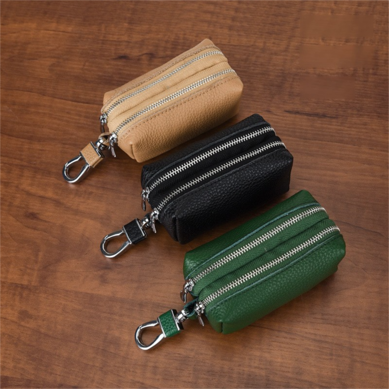 Khaki High-Quality Genuine Leather Key Case – Double-Layer Zippered Organizer view 2