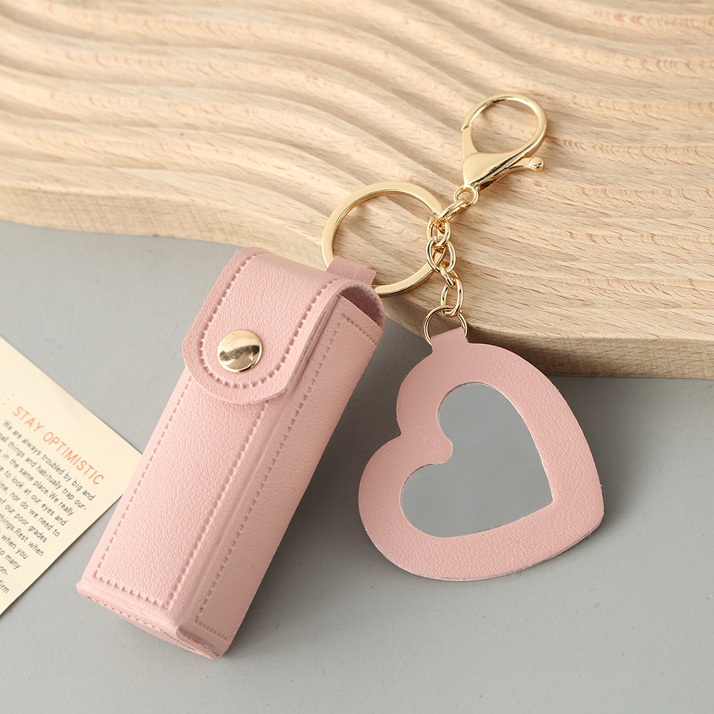 Pink Portable Lipstick Case with Heart Mirror & Keychain – Cute PU Leather