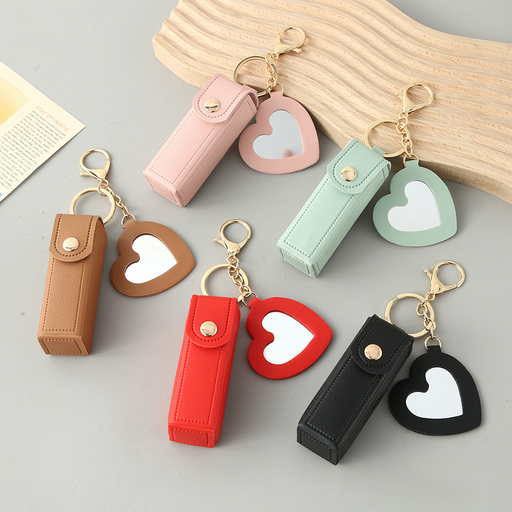 Pink Portable Lipstick Case with Heart Mirror & Keychain – Cute PU Leather view 2
