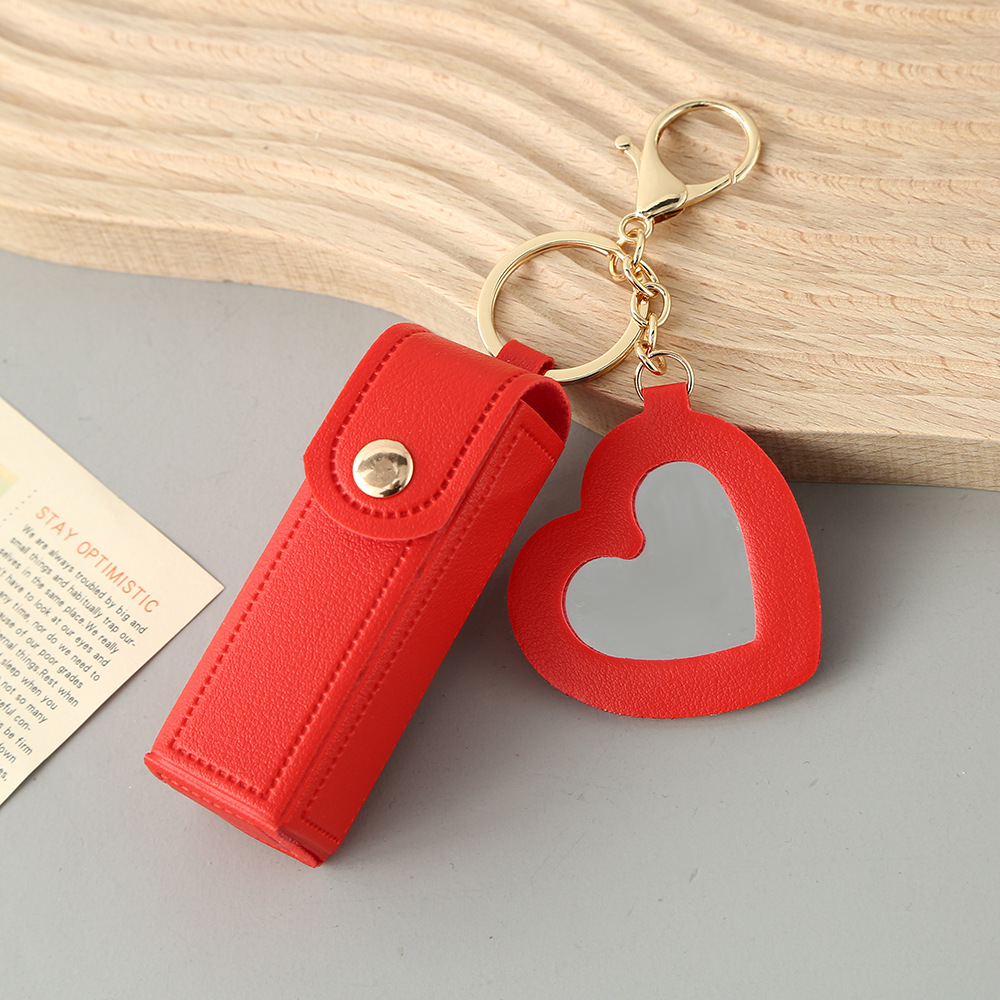 Red Portable Lipstick Case with Heart Mirror & Keychain – Cute PU Leather