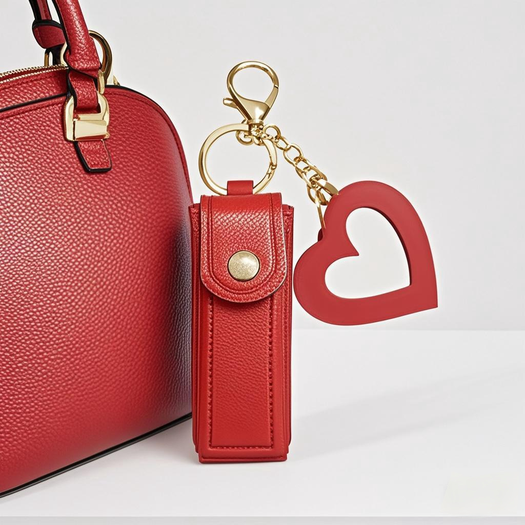 Red Portable Lipstick Case with Heart Mirror & Keychain – Cute PU Leather view 3
