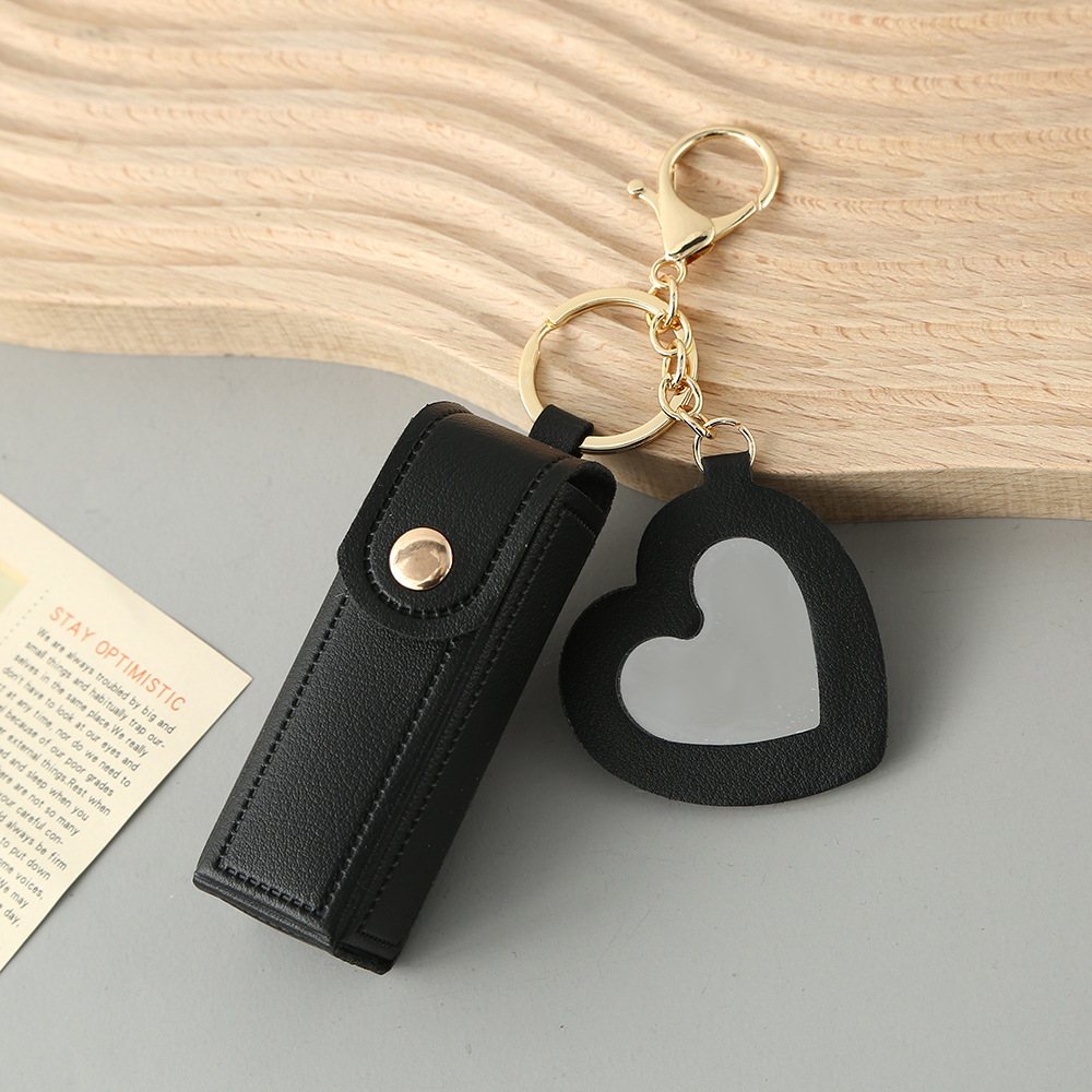 Black Portable Lipstick Case with Heart Mirror & Keychain – Cute PU Leather