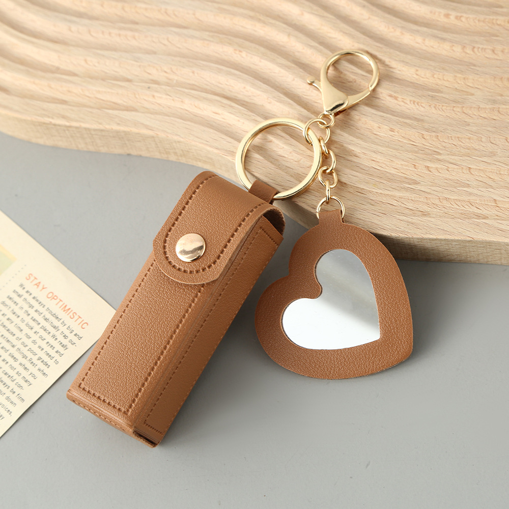 Brown Portable Lipstick Case with Heart Mirror & Keychain – Cute PU Leather