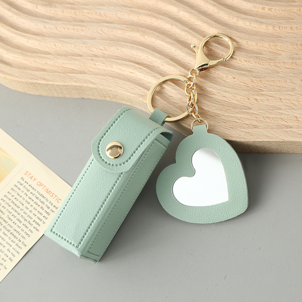 Green Portable Lipstick Case with Heart Mirror & Keychain – Cute PU Leather