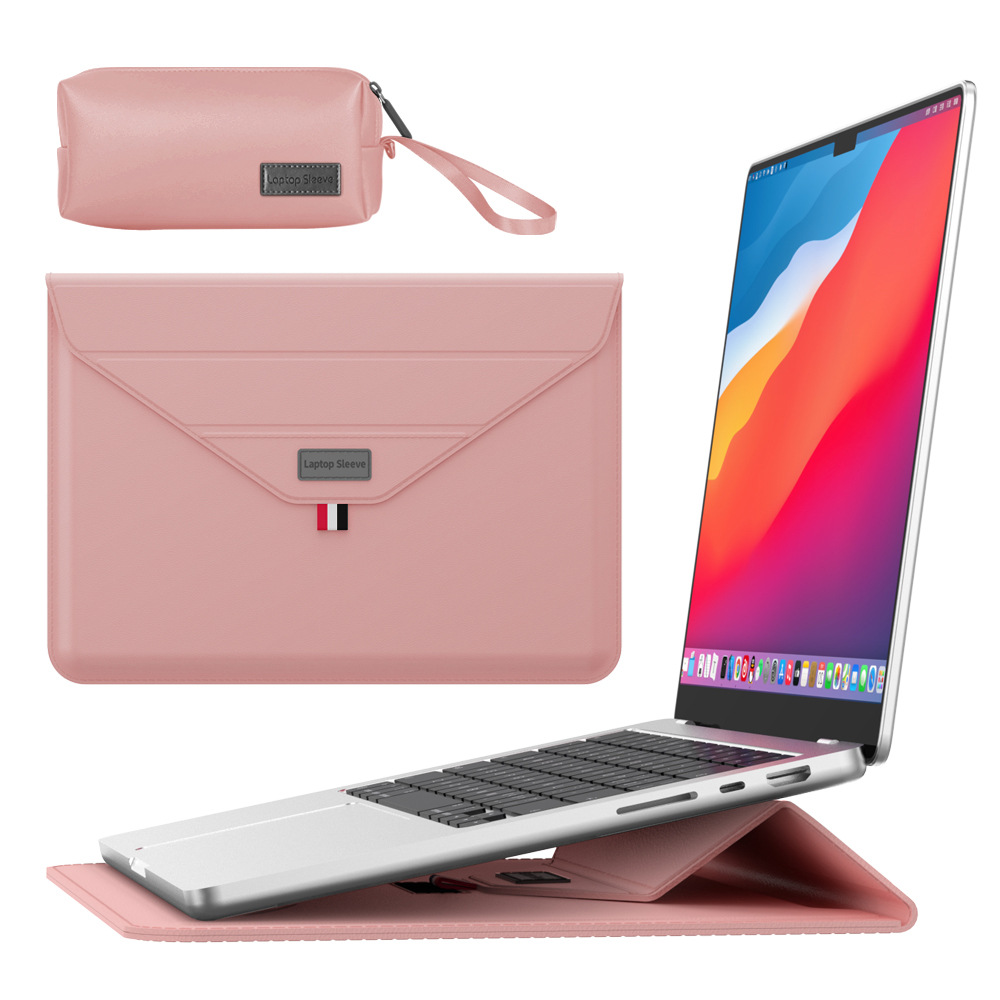 3-in-1 PU Leather Laptop Sleeve with Stand & Mouse Pad + Accessory Pouch(Rose