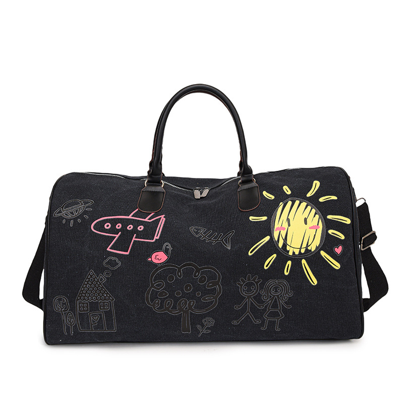 Large Capacity Canvas Travel Duffel Bag with Doodle Print - Weekend & Gym