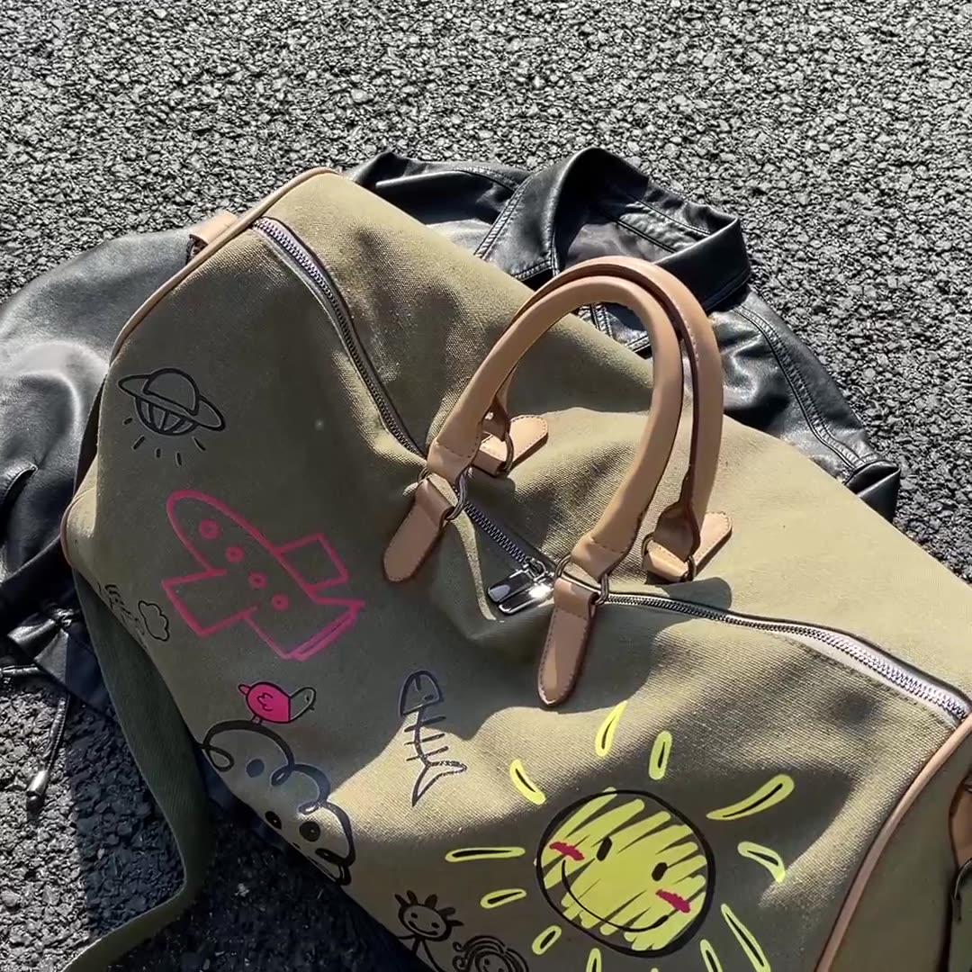 Large Capacity Canvas Travel Duffel Bag with Doodle Print - Weekend & Gym view 2