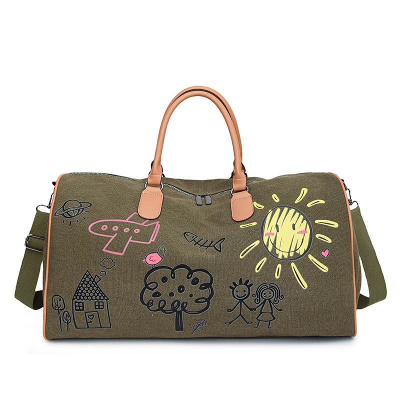 Large Capacity Canvas Travel Duffel Bag with Doodle Print - Weekend & Gym