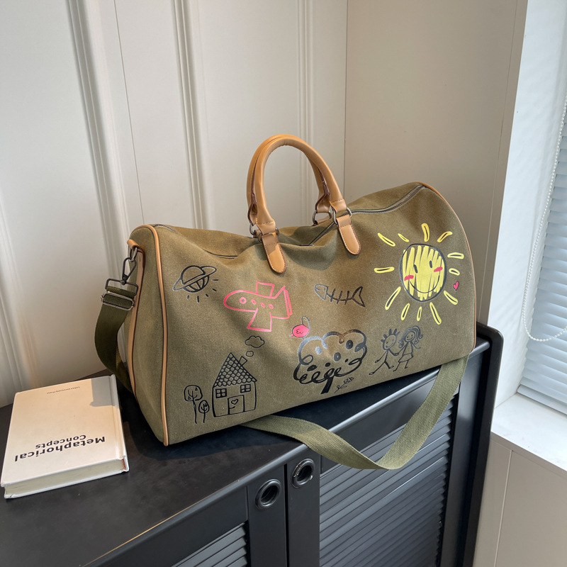 Large Capacity Canvas Travel Duffel Bag with Doodle Print - Weekend & Gym view 3