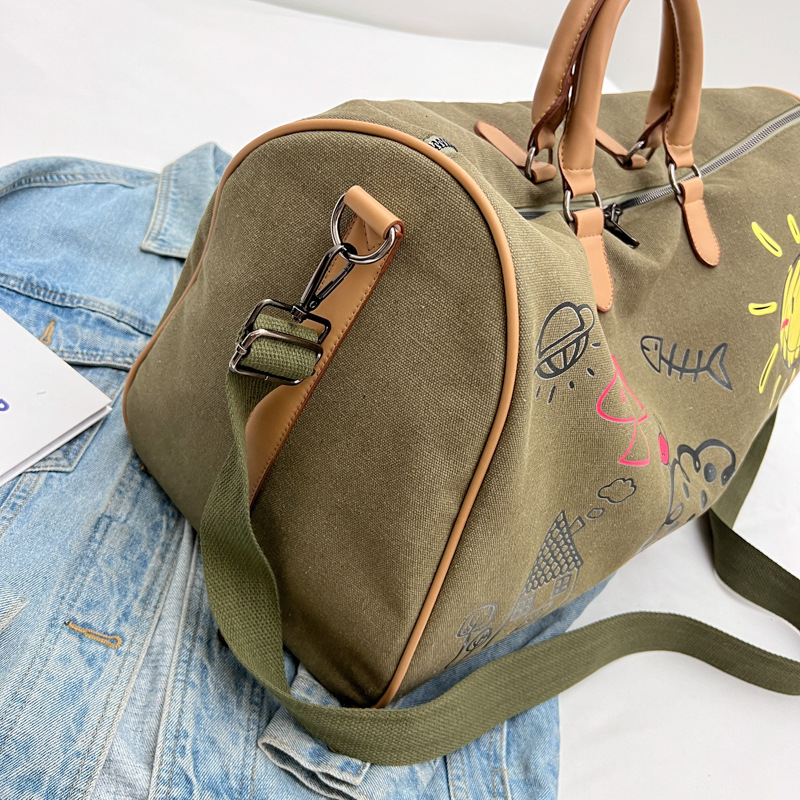 Large Capacity Canvas Travel Duffel Bag with Doodle Print - Weekend & Gym view 6