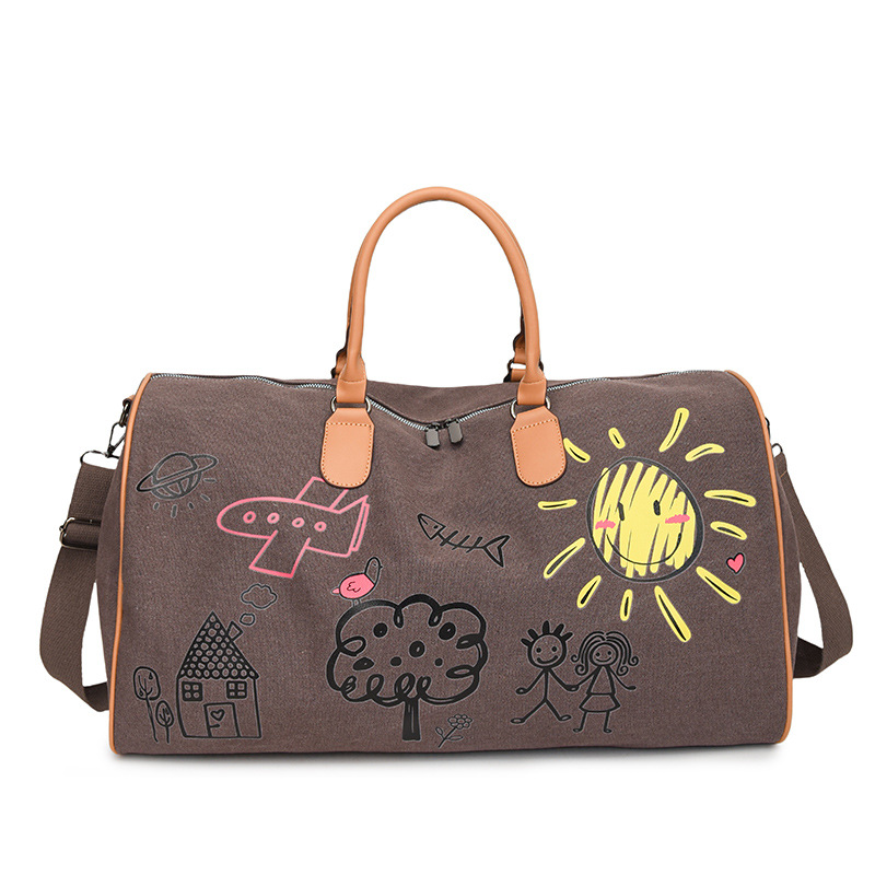 Large Capacity Canvas Travel Duffel Bag with Doodle Print - Weekend & Gym