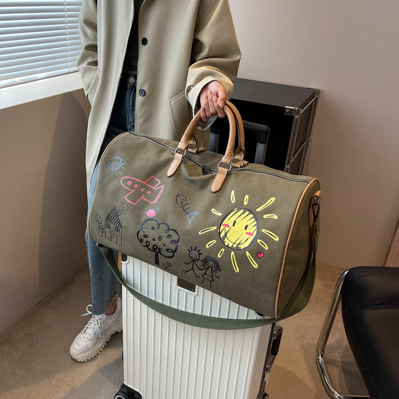 Large Capacity Canvas Travel Duffel Bag with Doodle Print - Weekend & Gym view 4