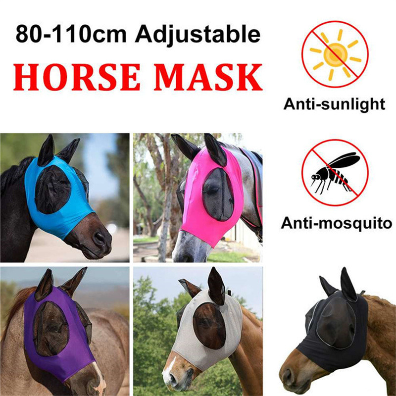 Blue 2-PCS Breathable Horse Fly Mask Set - Equestrian Fly Veils with Ears for view 2