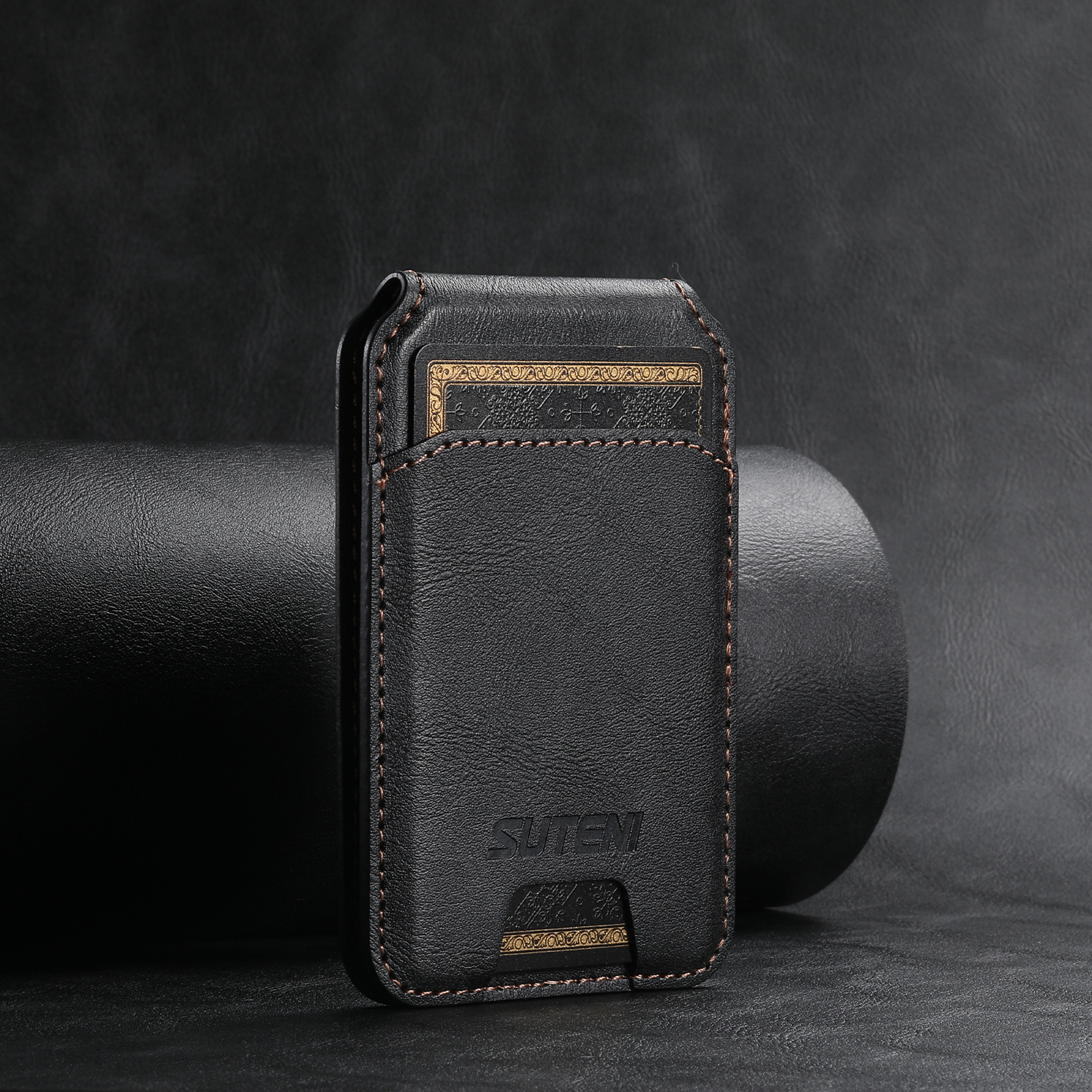 Black Slim Magnetic Wallet with Kickstand for MagSafe - PU Leather Card Holder