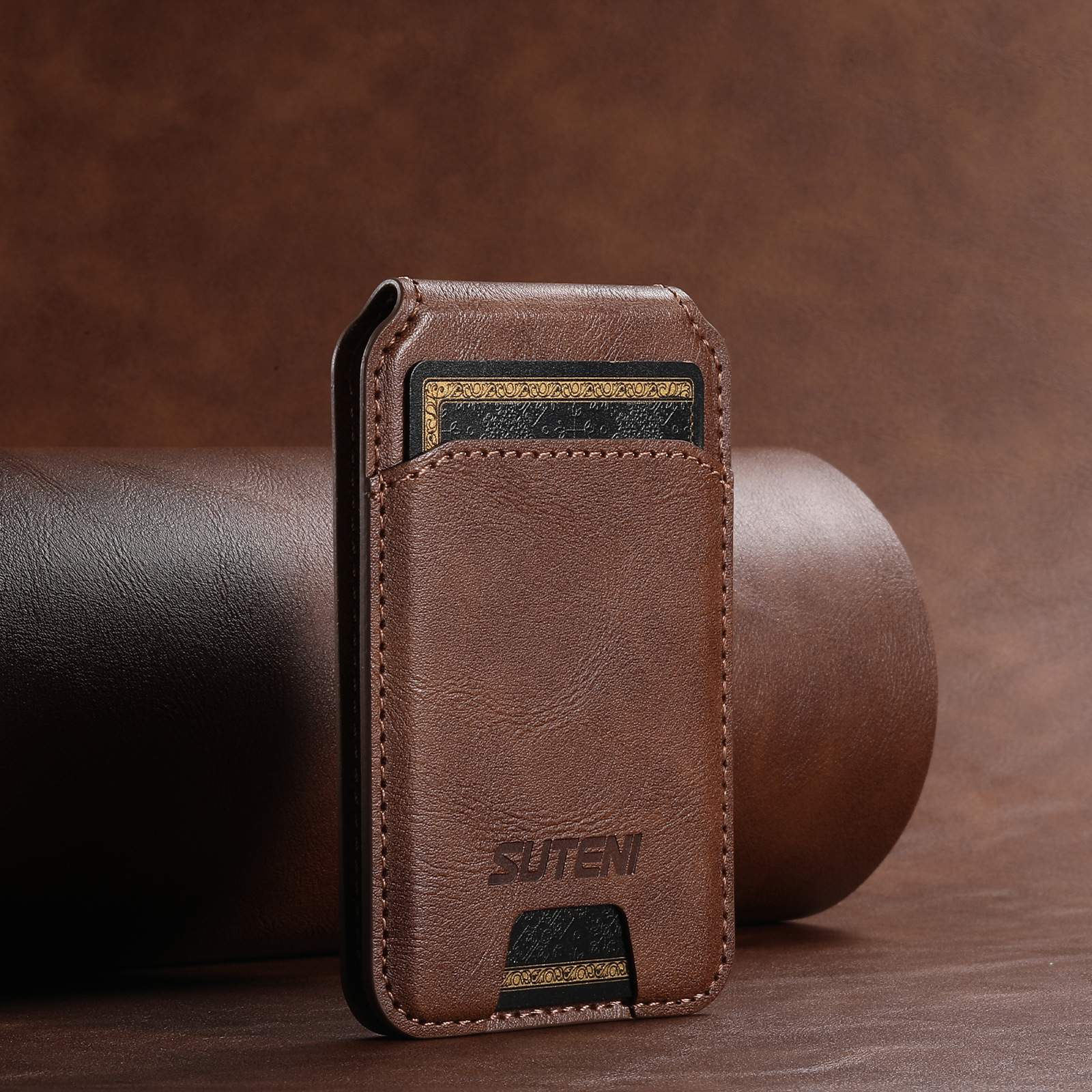 Brown Slim Magnetic Wallet with Kickstand for MagSafe - PU Leather Card Holder
