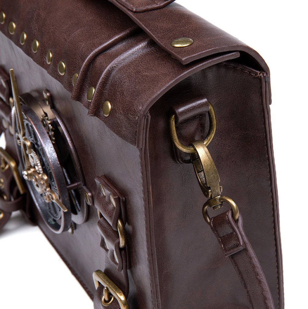 Retro Steampunk Satchel Bag with Decorative Clock & Gears - Gothic Crossbody Purse view 4