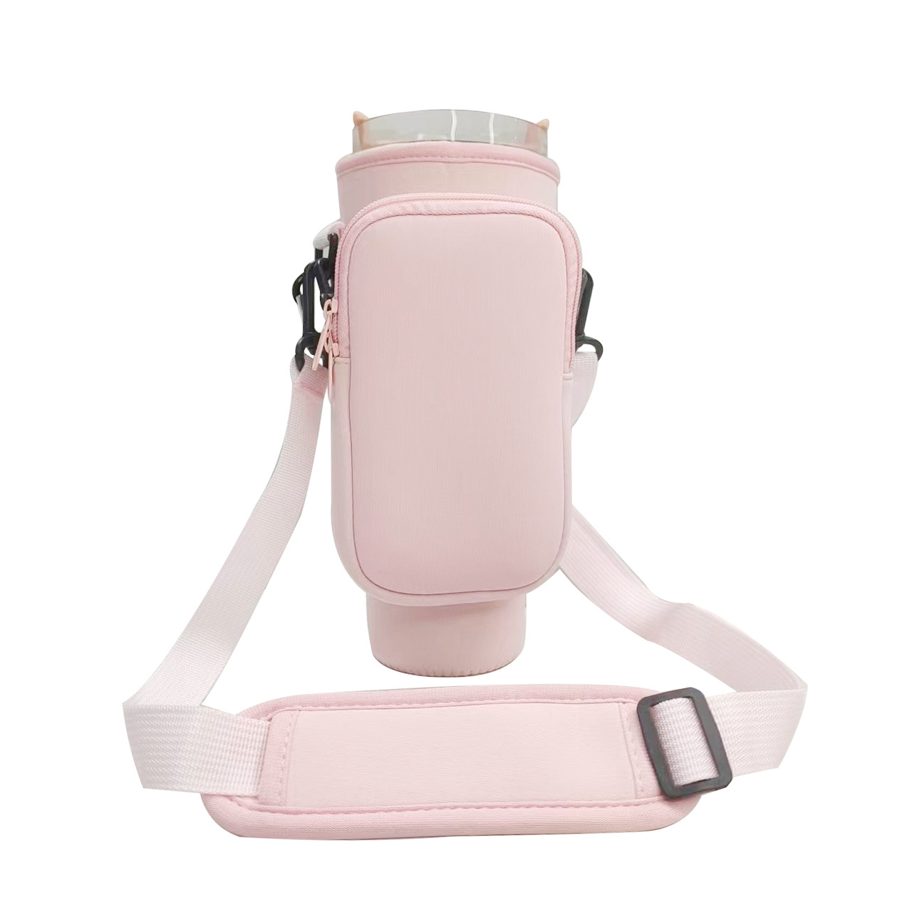 Light-pink Crossbody Tumbler Carrier with Detachable Wallet Pouch and