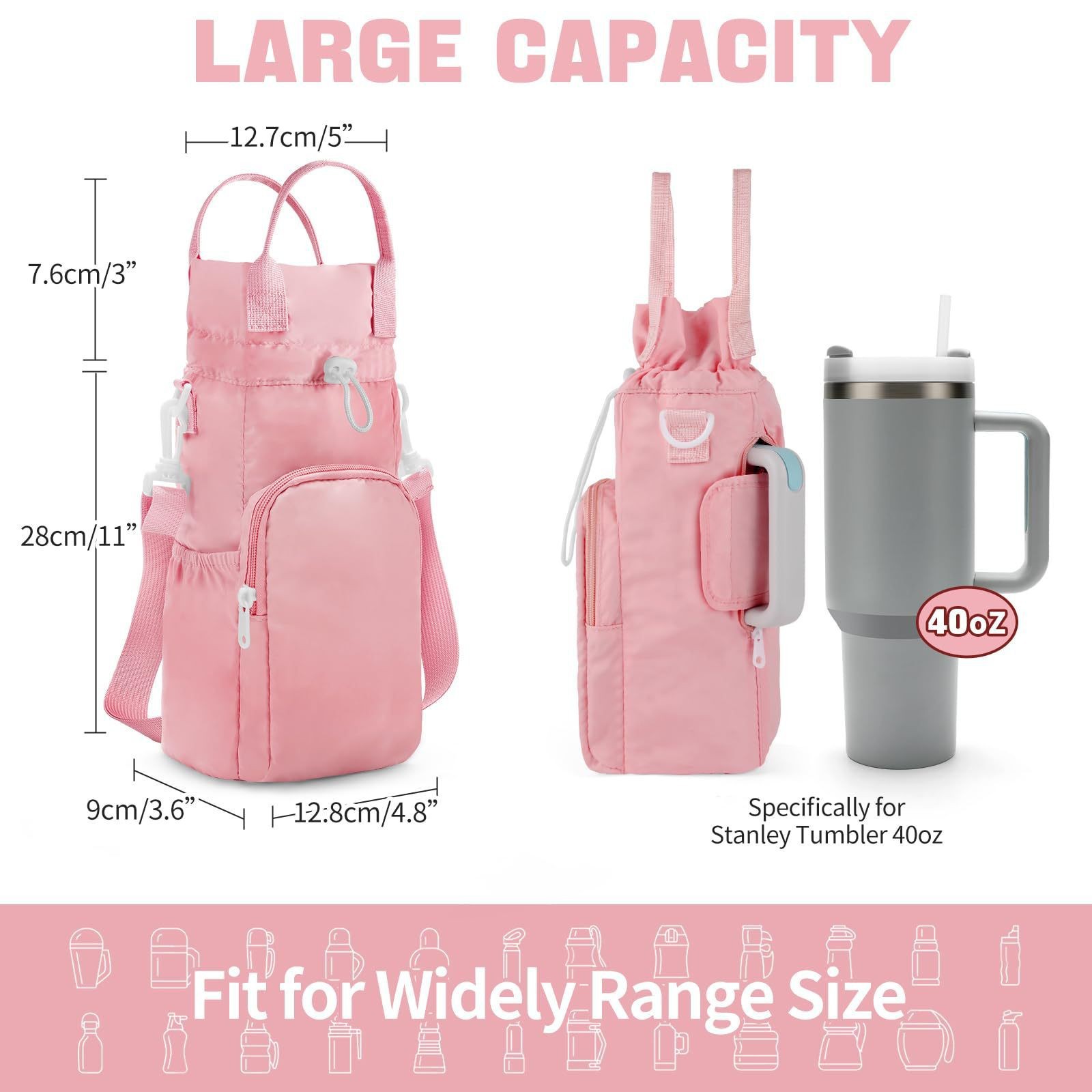 Pink Protective Crossbody Water Bottle Holder with Pockets view 2