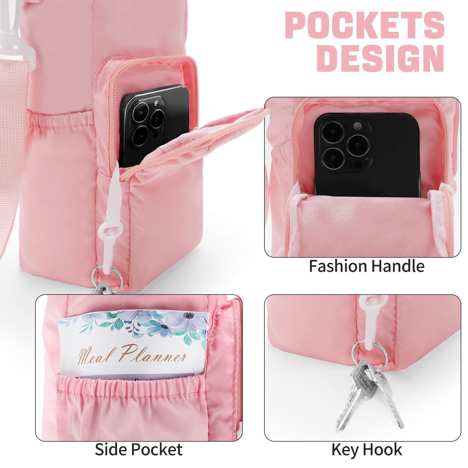 Pink Protective Crossbody Water Bottle Holder with Pockets view 3