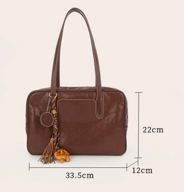 Large Size Black Vintage Genuine Split Leather Bowling Bag for Women - Retro view 3
