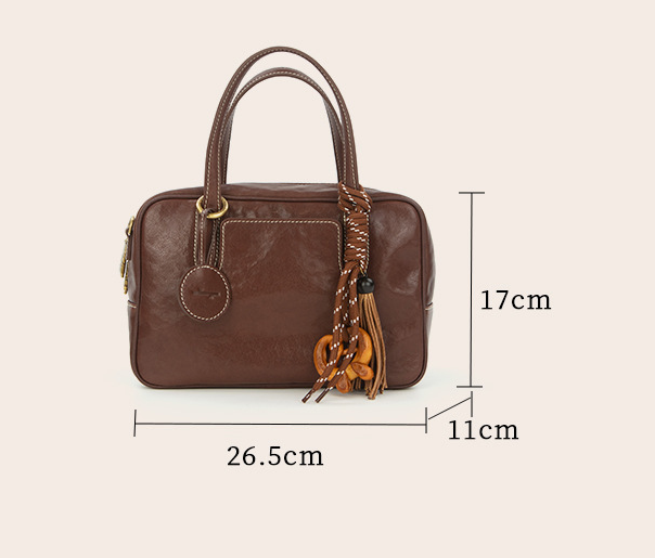 Small Size Coffee Brown Vintage Genuine Split Leather Bowling Bag for Women view 3