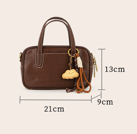 Mini Size Brown Vintage Genuine Split Leather Bowling Bag for Women - Retro view 3
