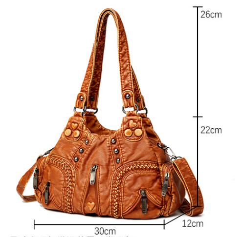 Black Women's Vintage Studded Hobo Bag - Soft Washed Leather Multi-Pocket view 2