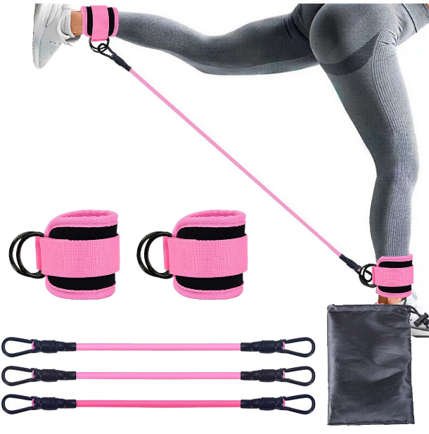 Pink Black Snap Resistance Bands Set with Ankle Straps for Glute Kickbacks &