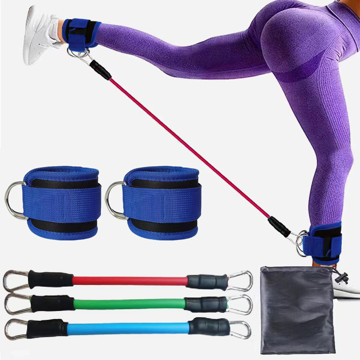 Blue Silver SnapResistance Bands Set with Ankle Straps for Glute Kickbacks &