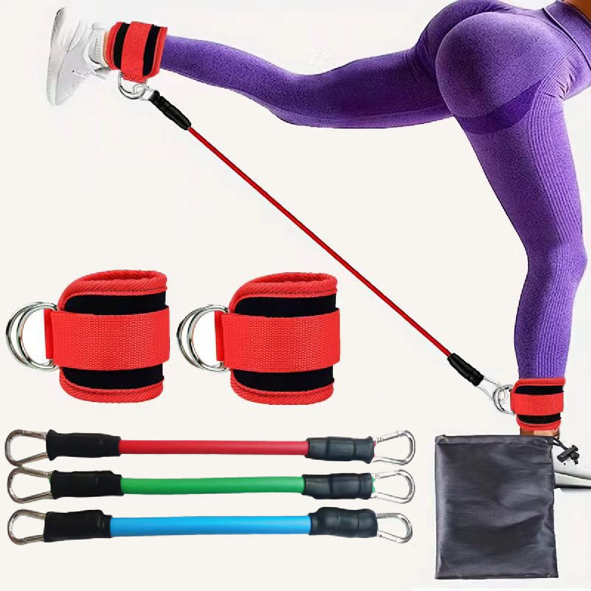 Red Silver SnapResistance Bands Set with Ankle Straps for Glute Kickbacks &