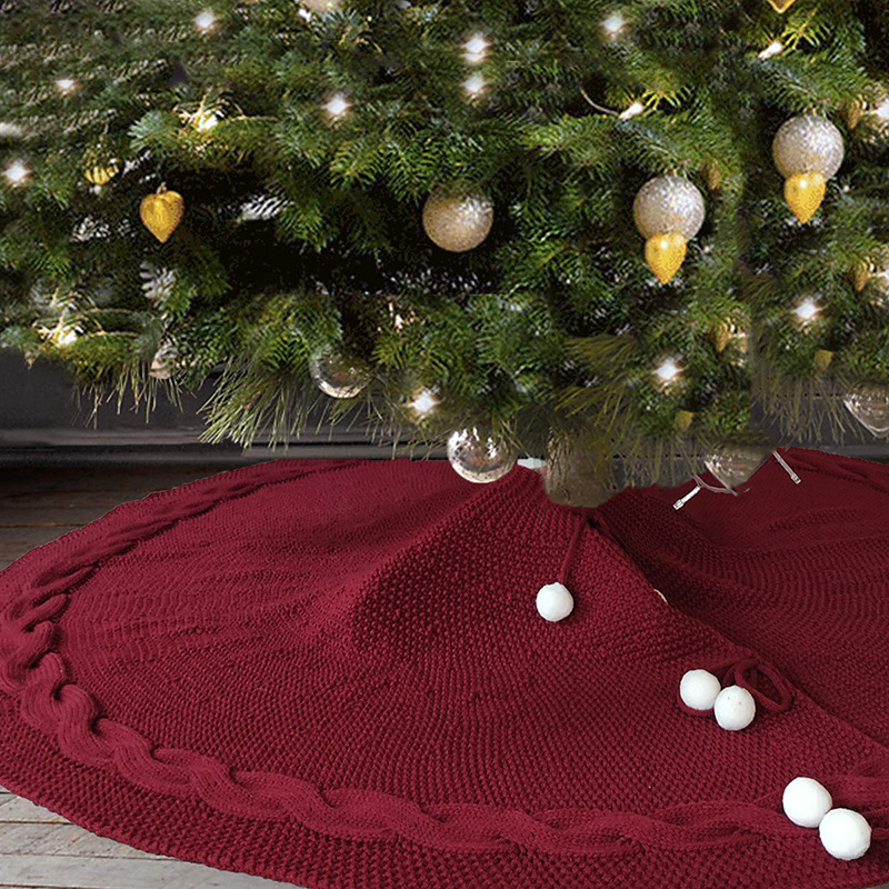 Festive Knit Christmas Tree Skirt - Acrylic Red Tree Mat with Pom-Poms 122cm view 2