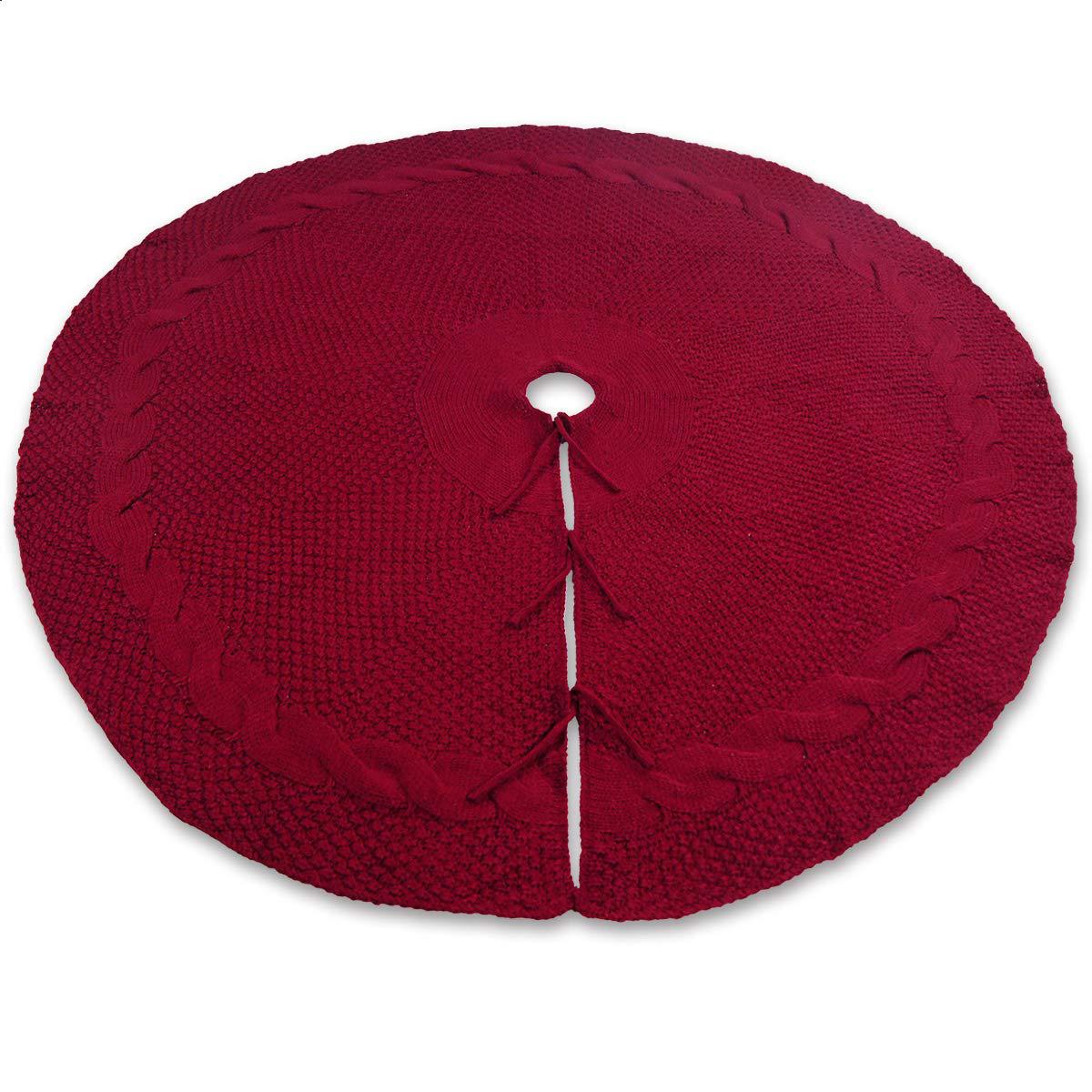 Festive Knit Christmas Tree Skirt - Acrylic Red Tree Mat with Pom-Poms 122cm view 3