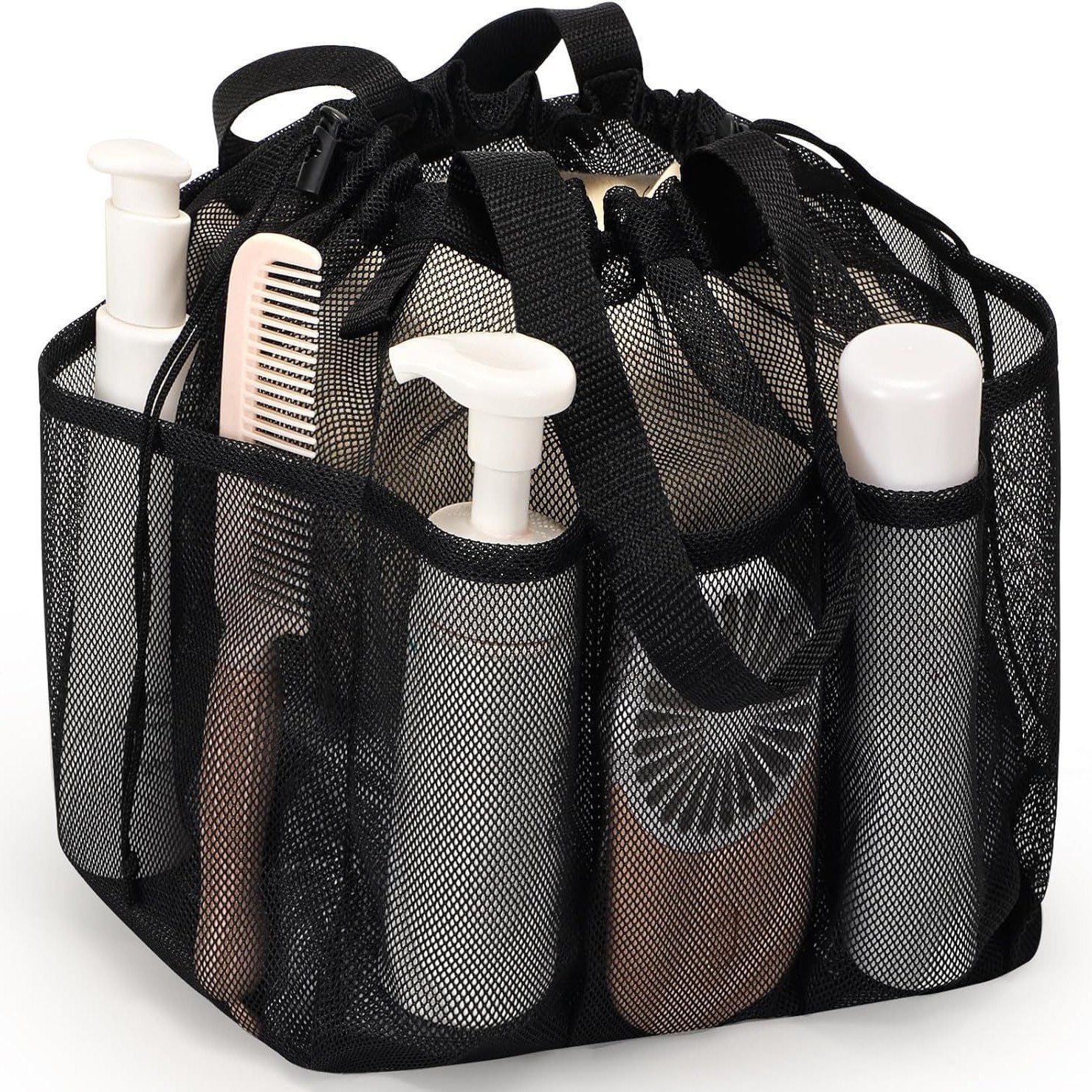 Black Large Multi-Pocket Mesh Beach Tote Bag - Quick-Dry Travel & Gym