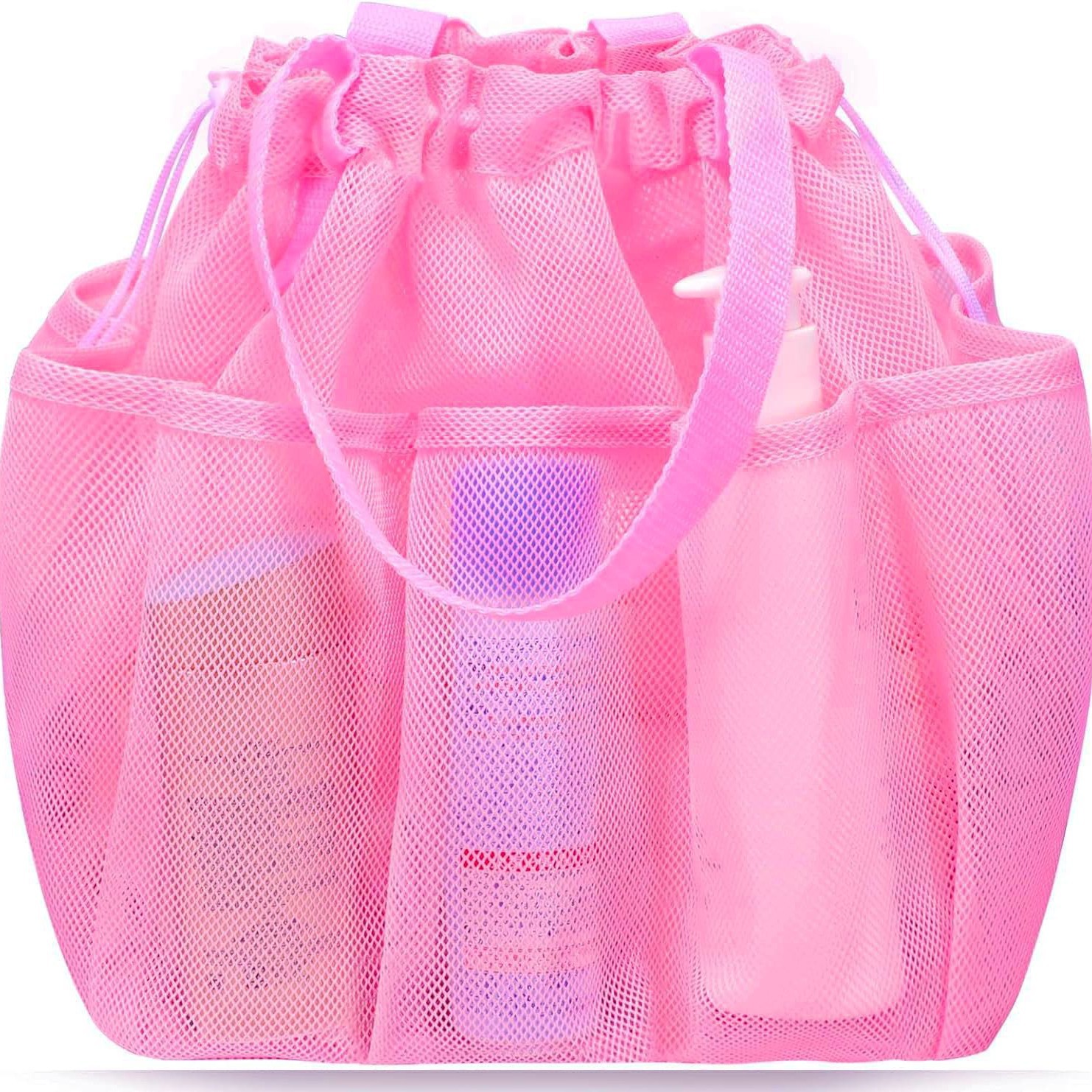 Pink Large Multi-Pocket Mesh Beach Tote Bag - Quick-Dry Travel & Gym Organizer