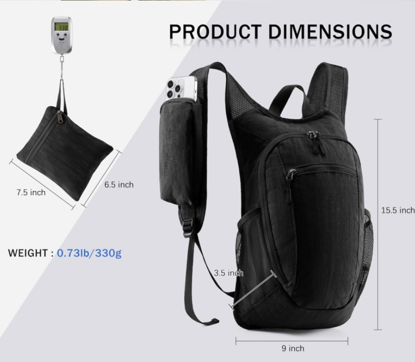 Black Ultra-Lightweight Packable Backpack (10L) - Foldable Daypack for Travel view 2