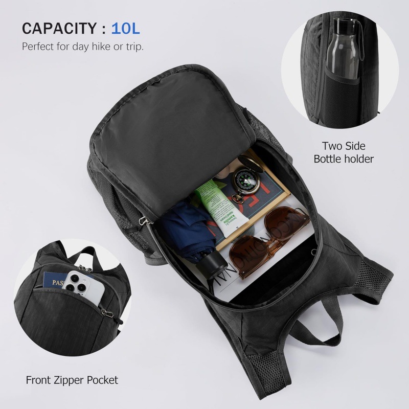 Black Ultra-Lightweight Packable Backpack (10L) - Foldable Daypack for Travel view 3