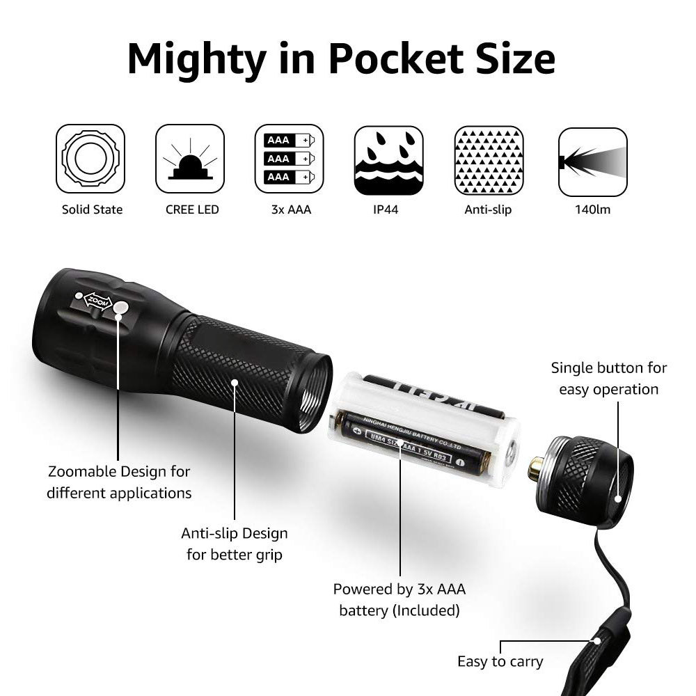 Compact Tactical LED Flashlight - Super Bright 160LM with Adjustable Zoom & view 3